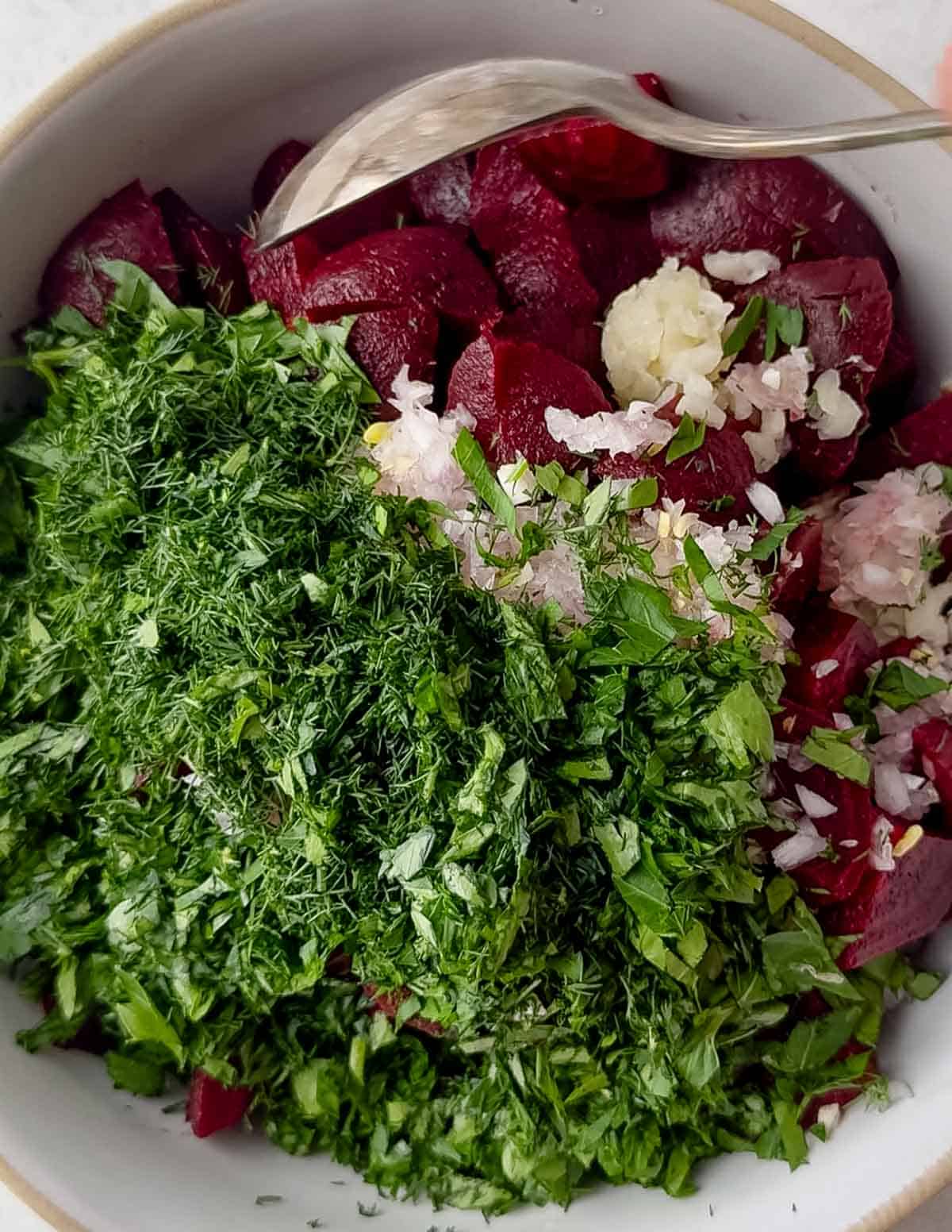 A bowl of chopped beets, cucumber, fresh herbs, minced garlic, and shallots being mixed with a spoon.