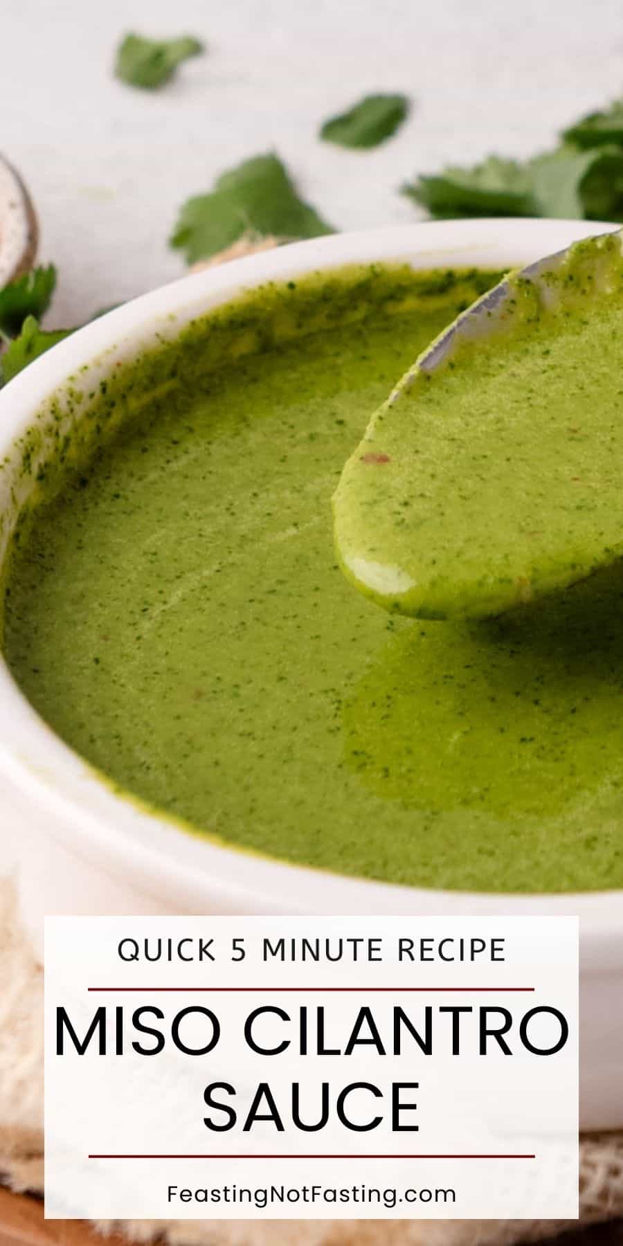 Bowl of creamy cilantro sauce with a spoon, labeled as a quick 5-minute recipe—perfect for adding vibrant flavor to any dish.