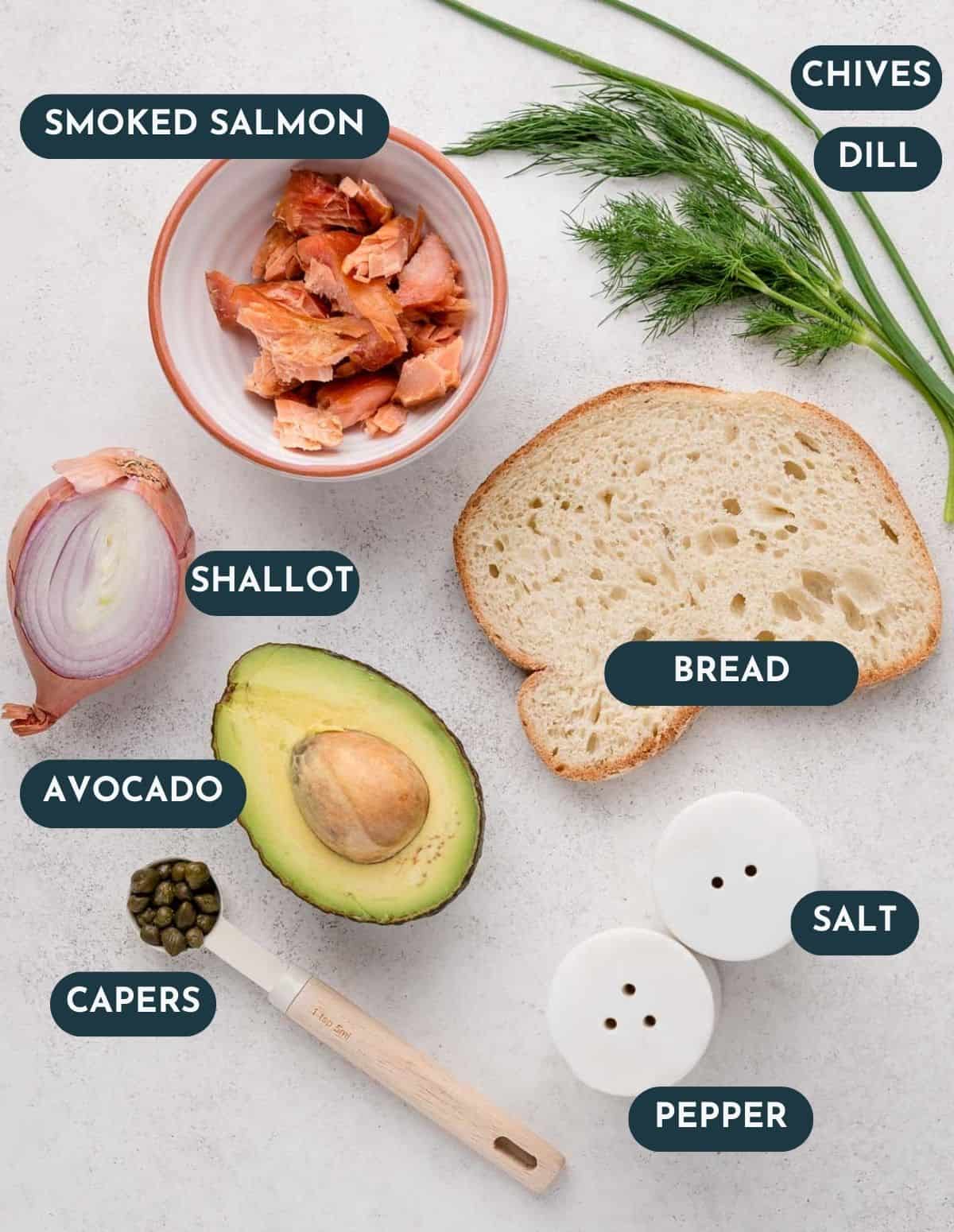 Top-down view of smoked salmon, dill, chives, shallot, bread, avocado, capers, salt, and pepper.