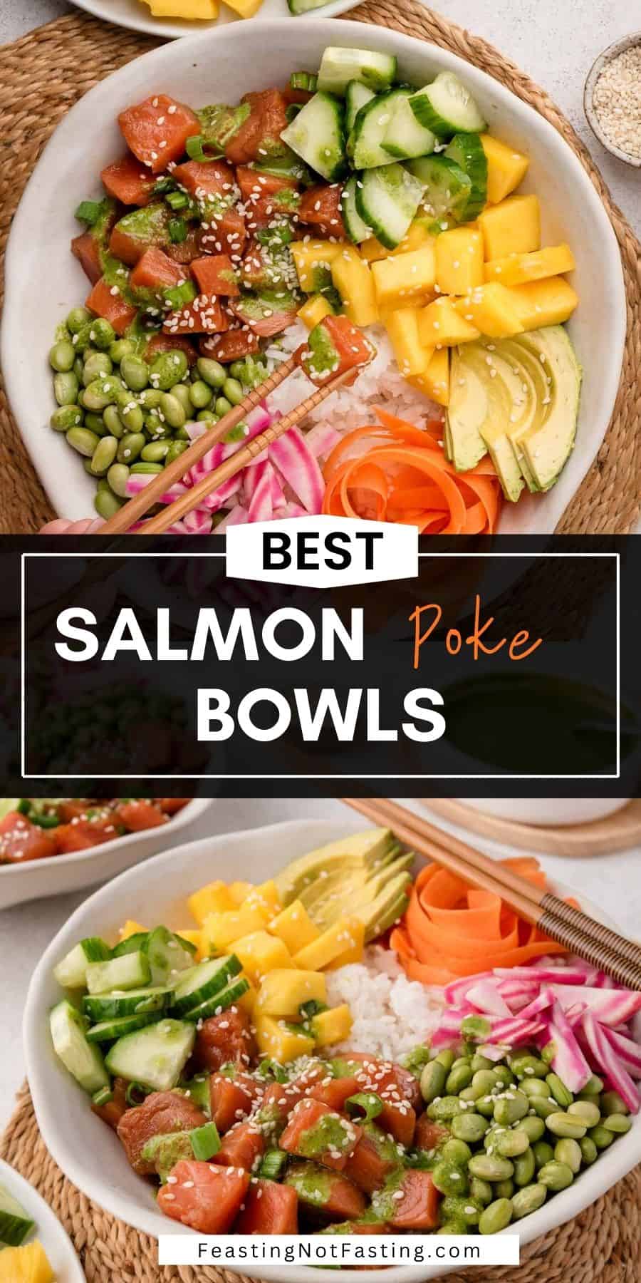 Colorful salmon poke bowls with avocado, mango, cucumber, edamame, pickled onions, and sesame seeds.