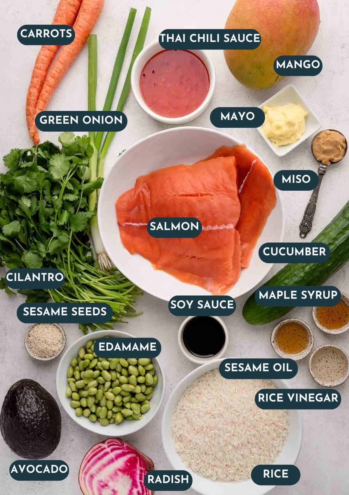 Top view of labeled ingredients, including salmon, rice, veggies, sauces, and seasonings on a white surface.