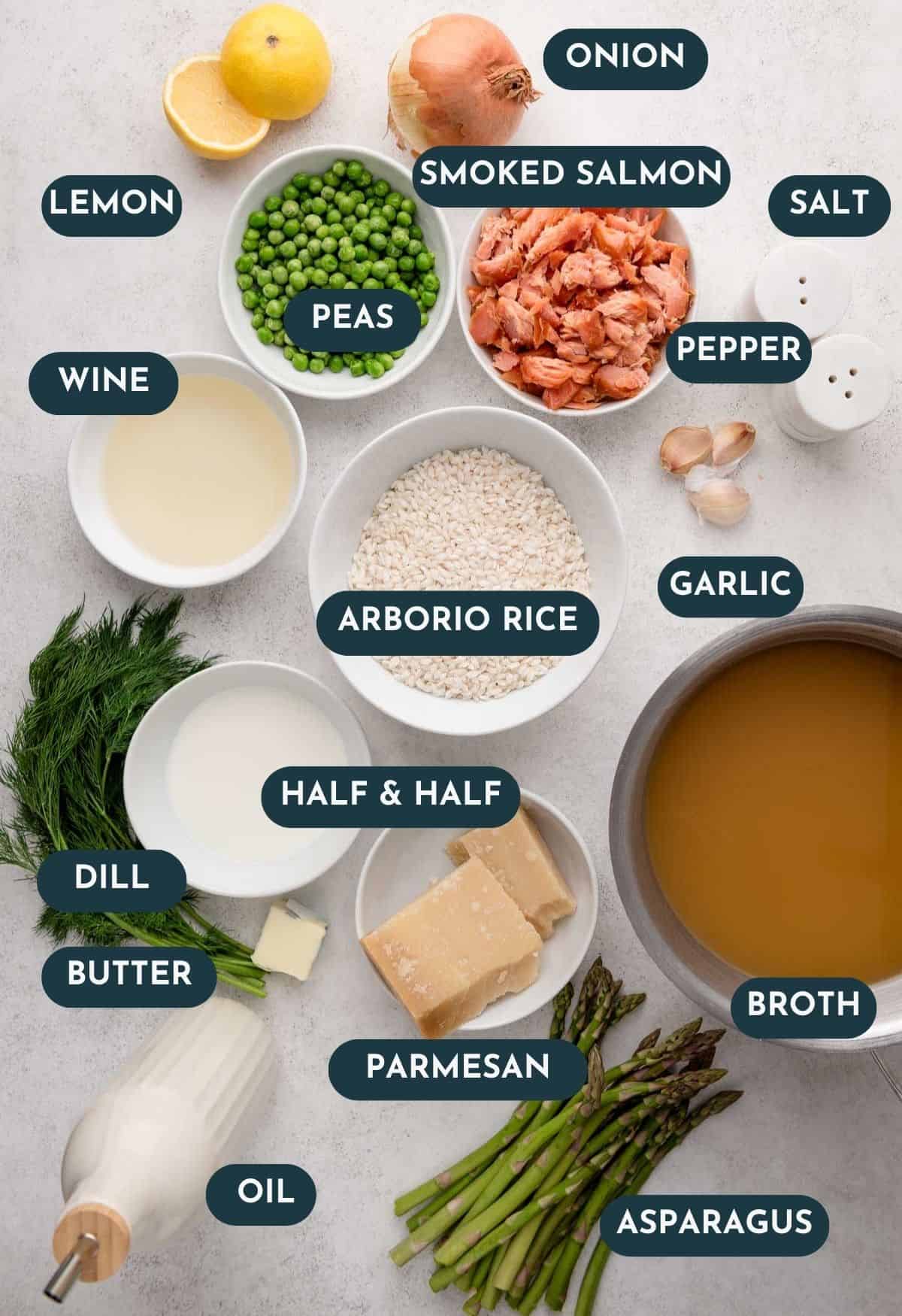 Ingredients labeled on a table, including rice, peas, asparagus, cheese, and seasonings.