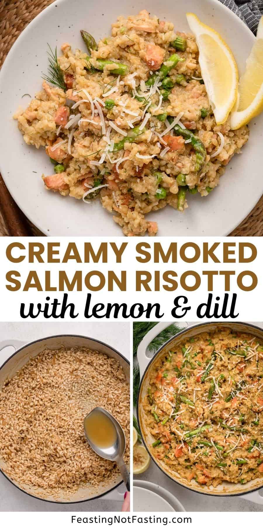 Creamy smoked salmon risotto with lemon wedges and dill, shown in steps from cooking to final serving.